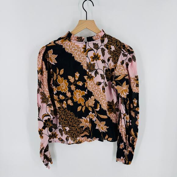 Pants Store Floral Print High Neck Blouse Pink Black Brown Boho Top Size M - Picture 2 of 6
